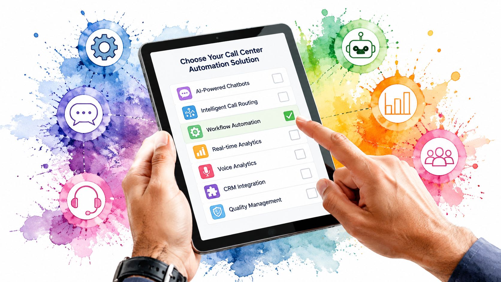 A person selecting workflow automation on a digital tablet to choose a call center software solution.