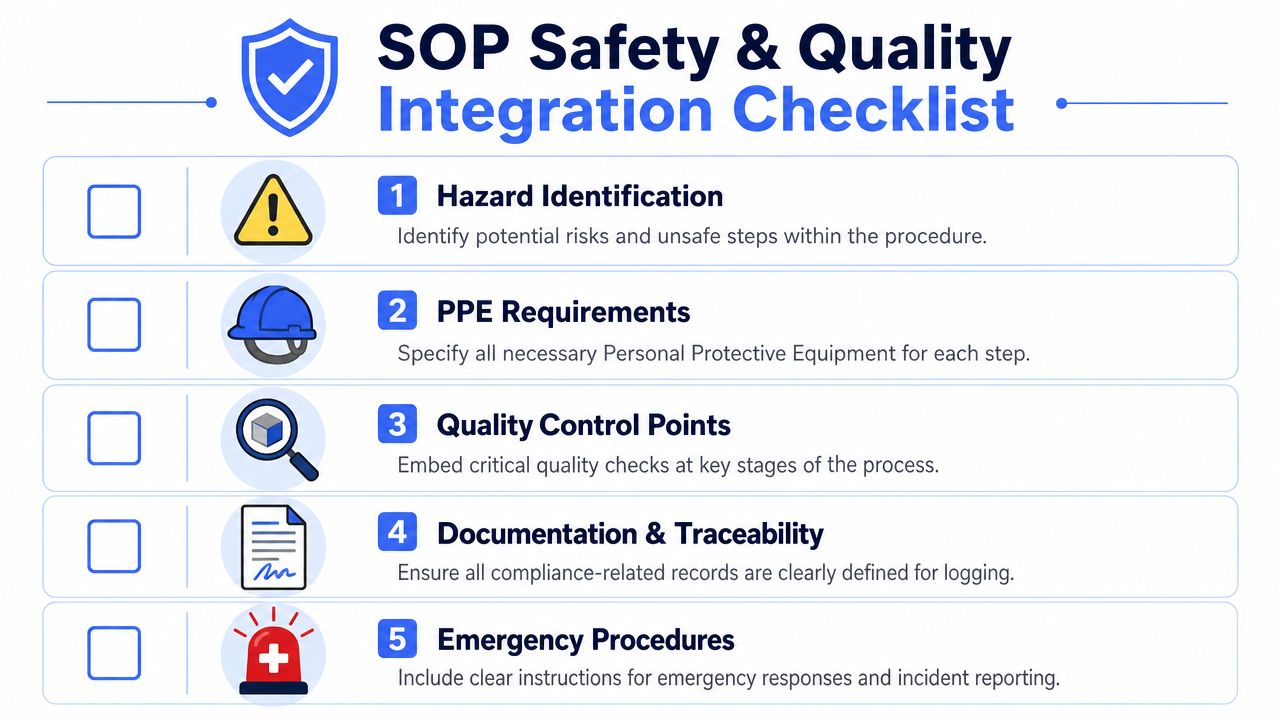 A checklist graphic titled SOP Safety and Quality Integration listing five essential process documentation steps for workplace safety.