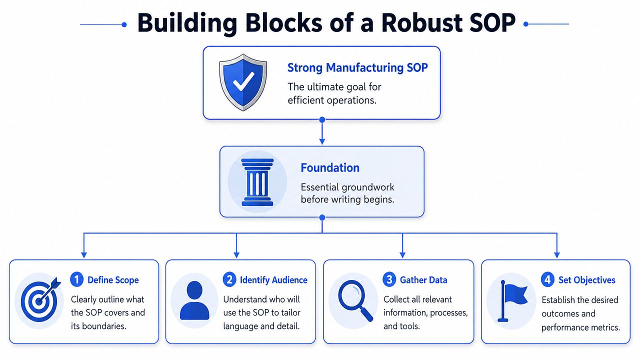 A flowchart diagram illustrating the building blocks of a robust manufacturing SOP including foundational steps.