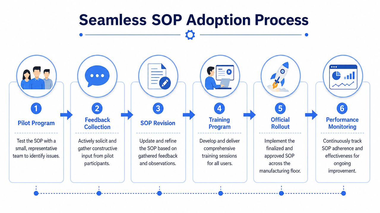 A six-step infographic illustrating a seamless standard operating procedure adoption process for manufacturing environments.