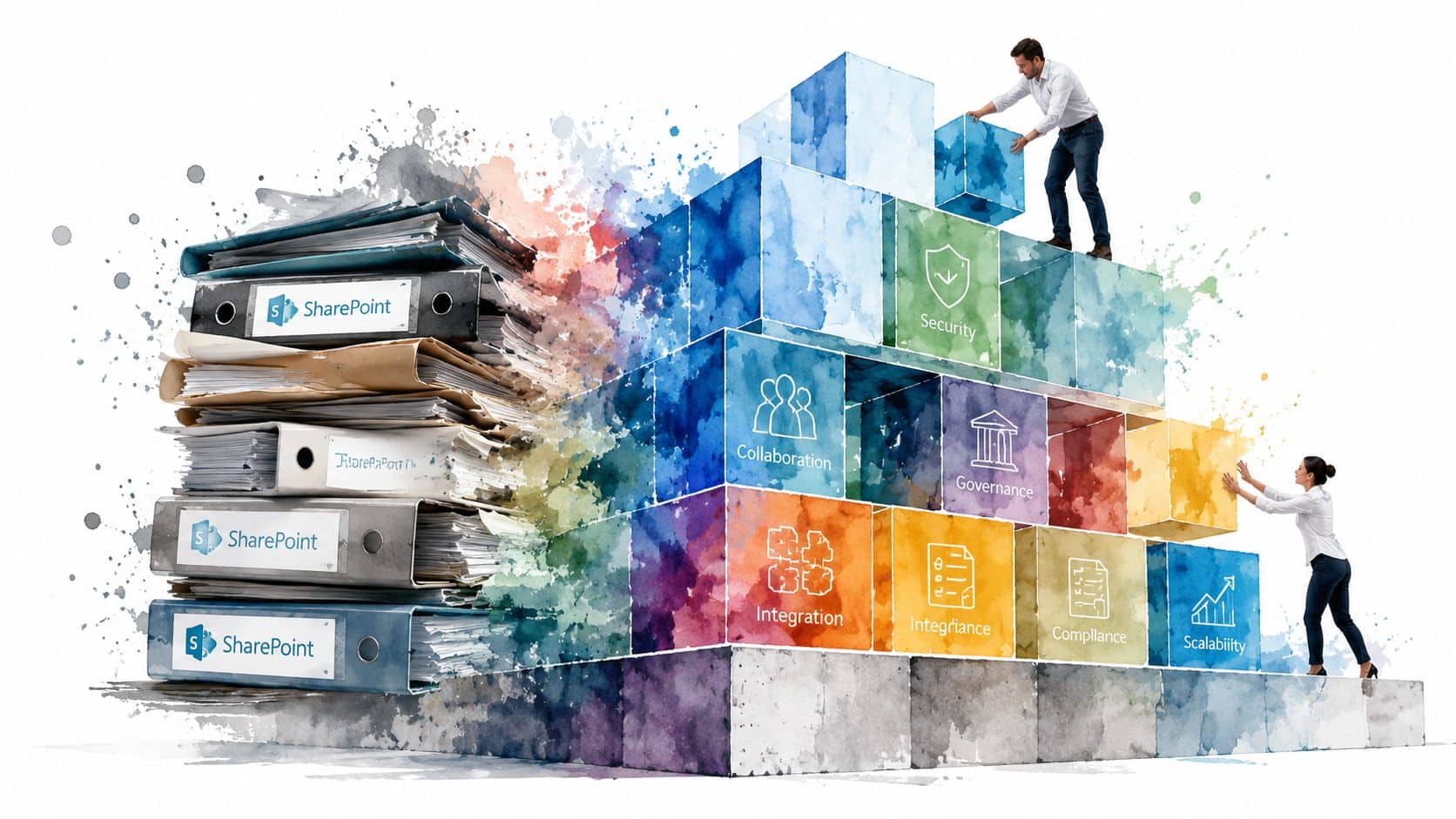 A conceptual illustration of SharePoint transforming physical document stacks into structured, digital building blocks.