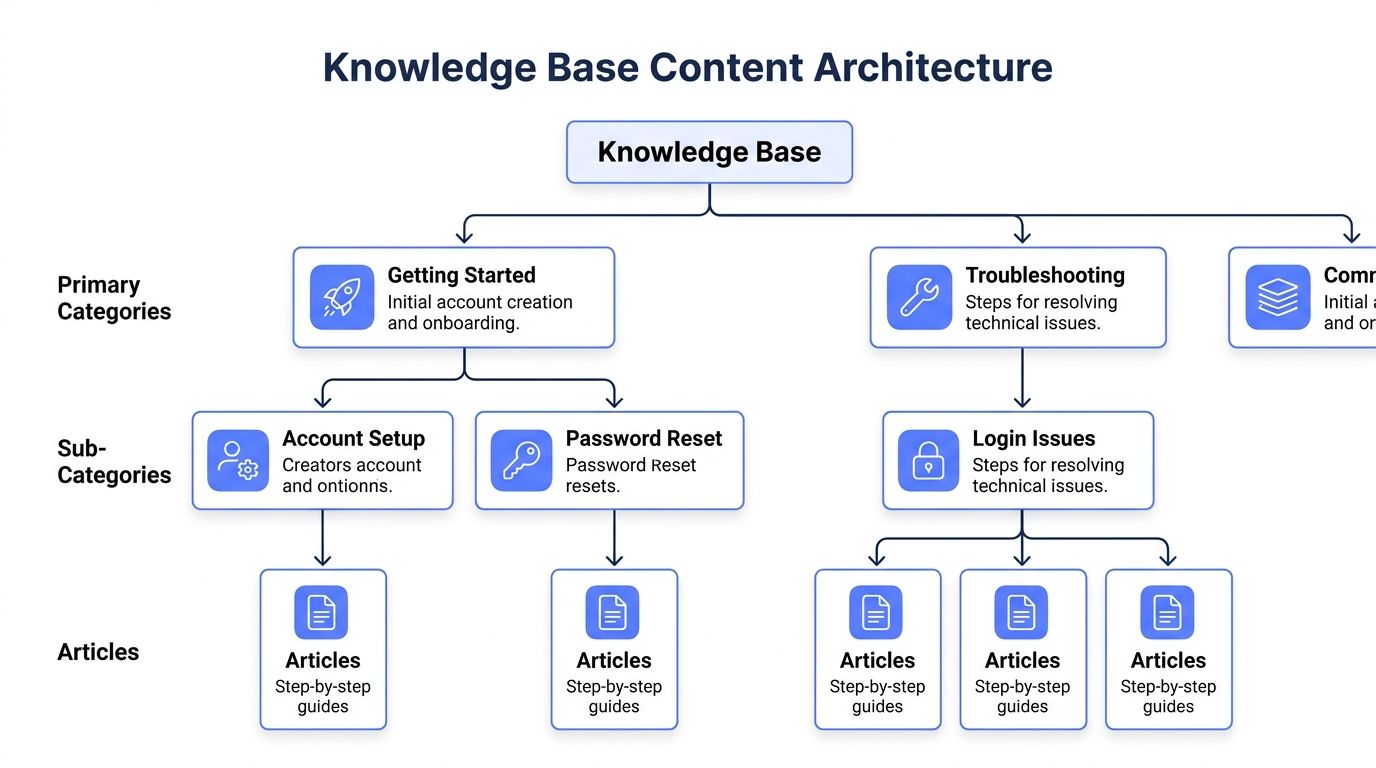 A diagram illustrating a knowledge base content architecture with primary categories, sub-categories, and article guides.