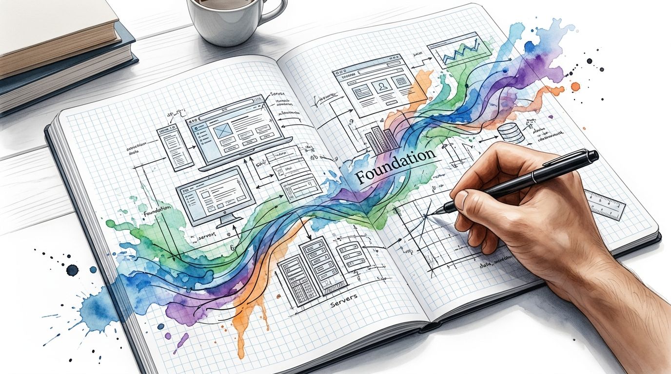 A hand drawing a technical architecture diagram with watercolor splashes on a grid notebook page