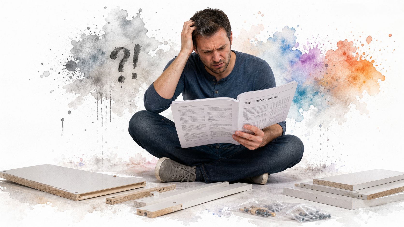 A confused man sitting on the floor attempting to assemble furniture while reading an instruction manual.